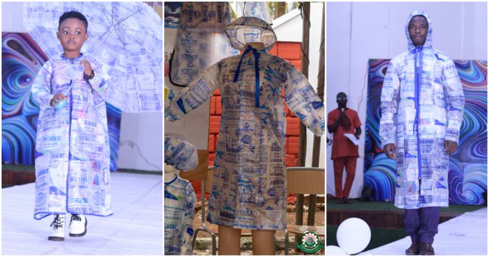 Photos of umbrella and raincoat made from pure water sachets.