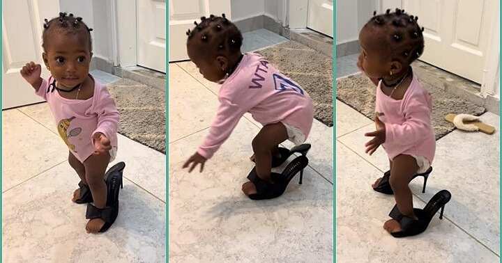 Little girl slays on mum's oversized heels, leaves netizens in awe
