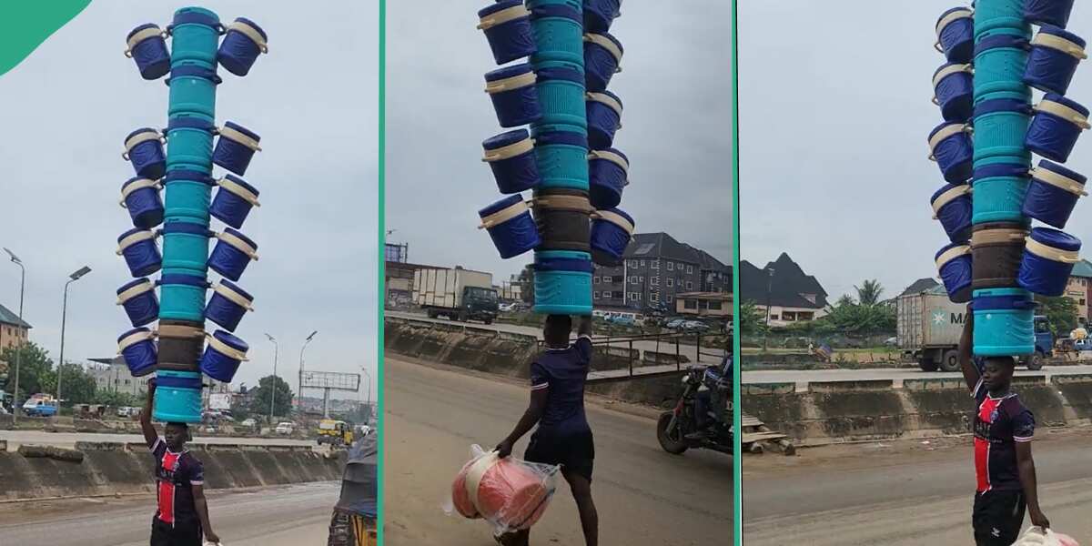 Man perfectly arranges 20 coolers and carries them on his head, video trends: "Nigeria my country"