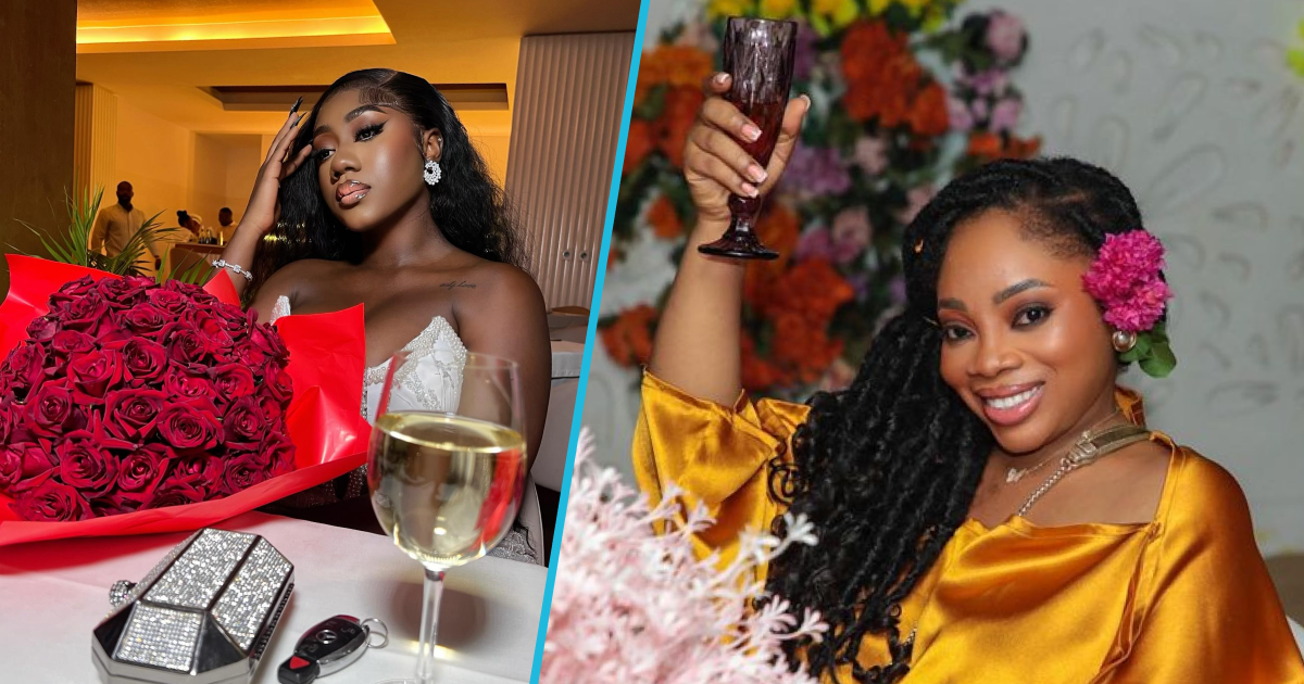 Hajia Bintu poses with Roses at a lavish restaurant, many advise her about Moesha Boduong