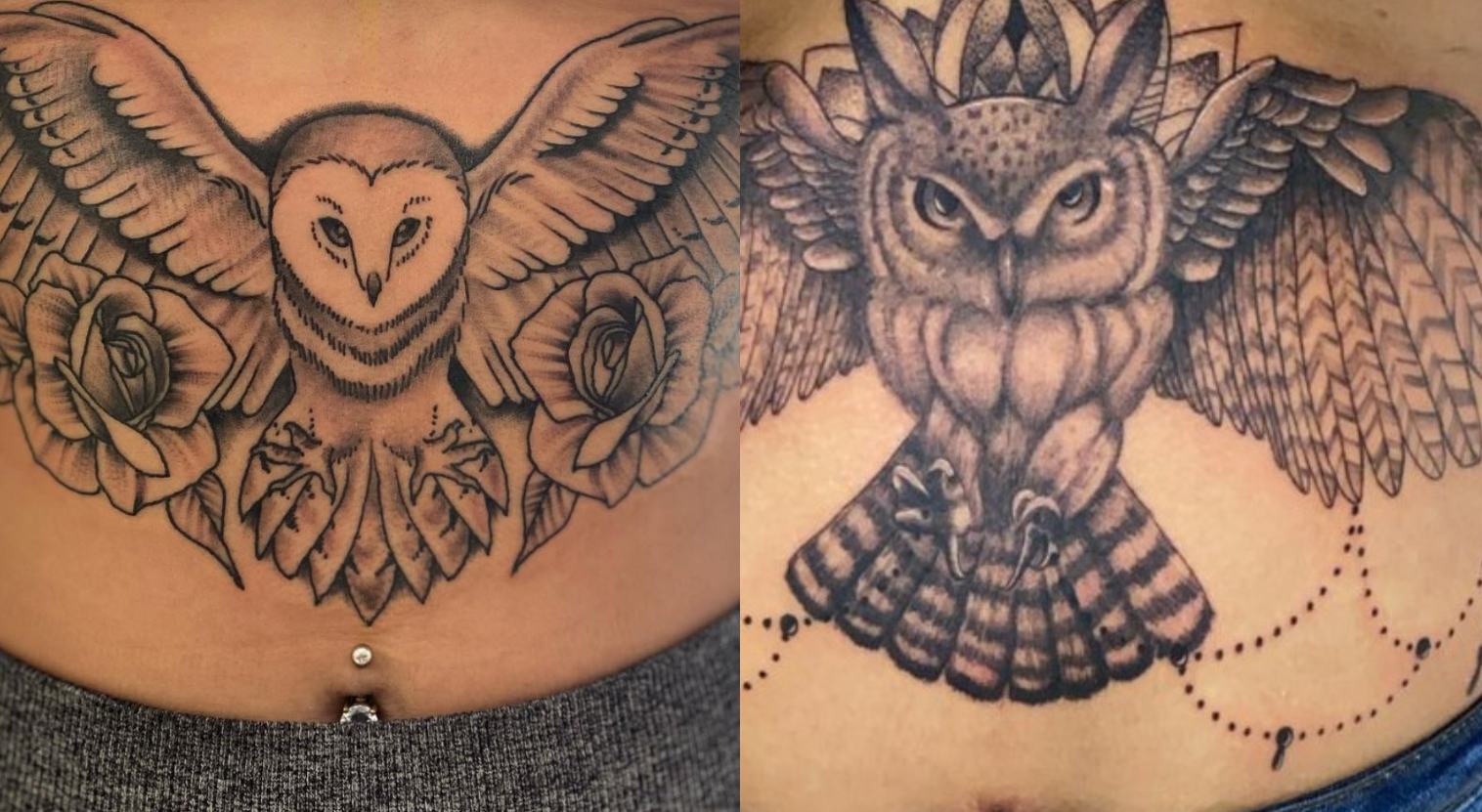 A lady with an owl tattoo in grey skirt (L) and another with an owl tattoo in jeans trousers (R)