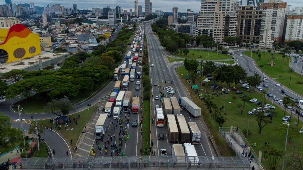 Bolsonaro supporters in trucks block a highway on the outskirts of Sao Paulo, Brazil on November 2, 2022