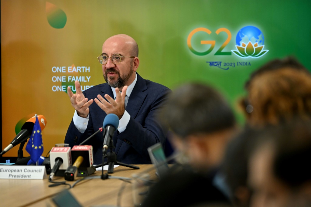 European Council President Charles Michel speaks during a press conference in New Delhi