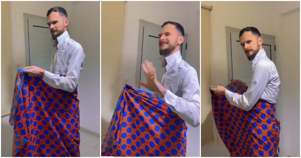 White man ties wrapper and acts like his Nigerian wife when she leaves the shower, video amuses people