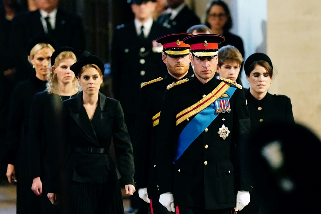 Queen Elizabeth II's grandchildren (L-R) Zara Tindall; Lady Louise Windsor; Princess Beatrice; Prince Harry, Duke of Sussex; William, Prince of Wales; James, Viscount Severn; and Princess Eugenie