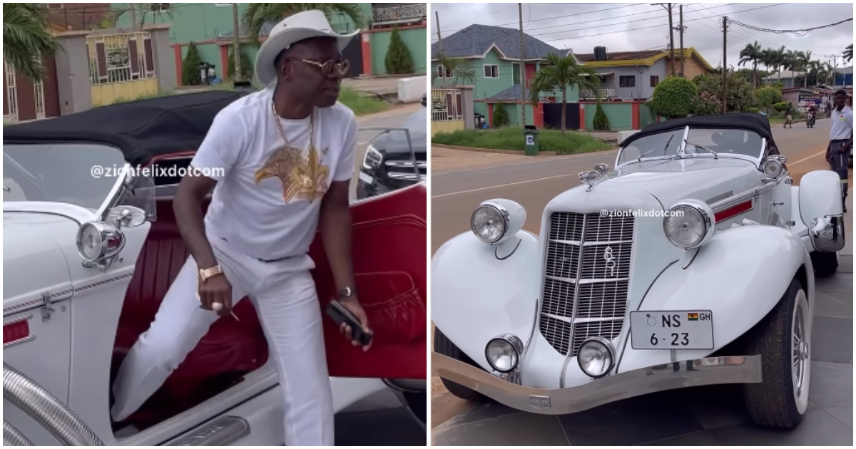 Nana Sarfo: Despite's associate flaunts posh vintage car in video, many rave over it: “Money dey oo”