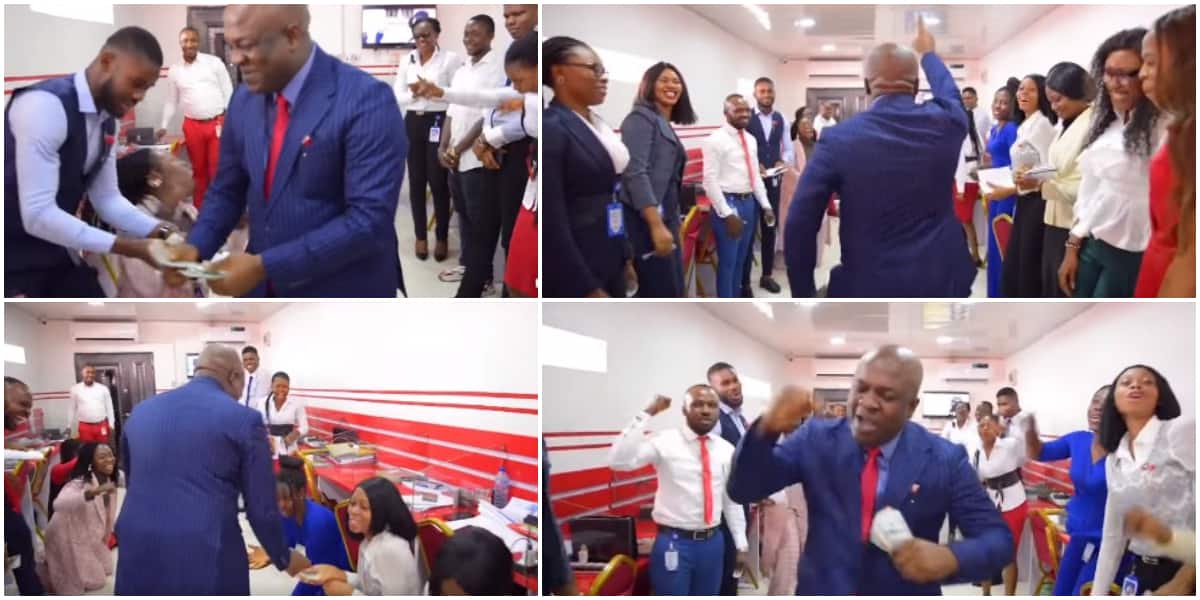 Reactions as Nigerian billionaire visits company, gifts each of his workers hard currencies, video goes viral