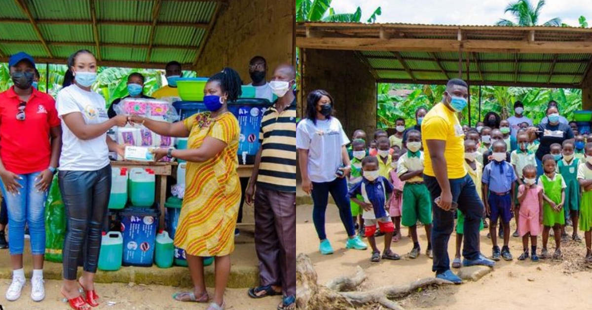 Nana Ama Afoa: Ghanaian lady & team bless primary school with COVID-19 items and stationery