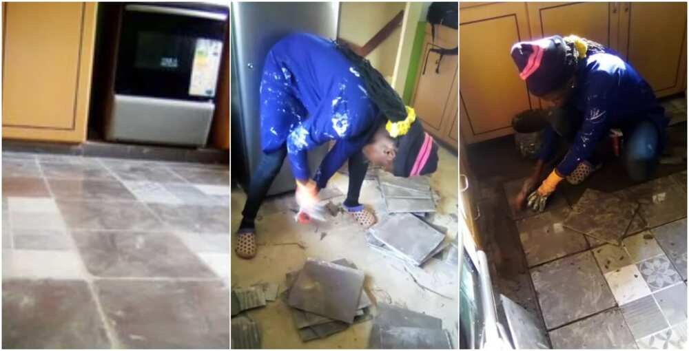 Social media reacts as gorgeous Nigerian lady proudly shows off pictures as she tiles floor for client