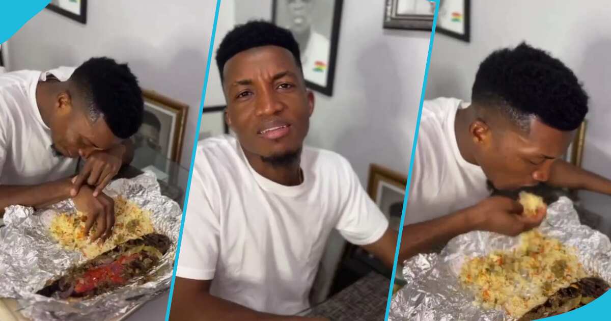 Kofi Kinaata Eats Fried Rice And A Large Fish On An Aluminium Foil ...