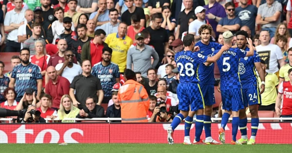 Chelsea celebrate after scoring against Arsenal at the Emirates. Photo: Justin Tallis.