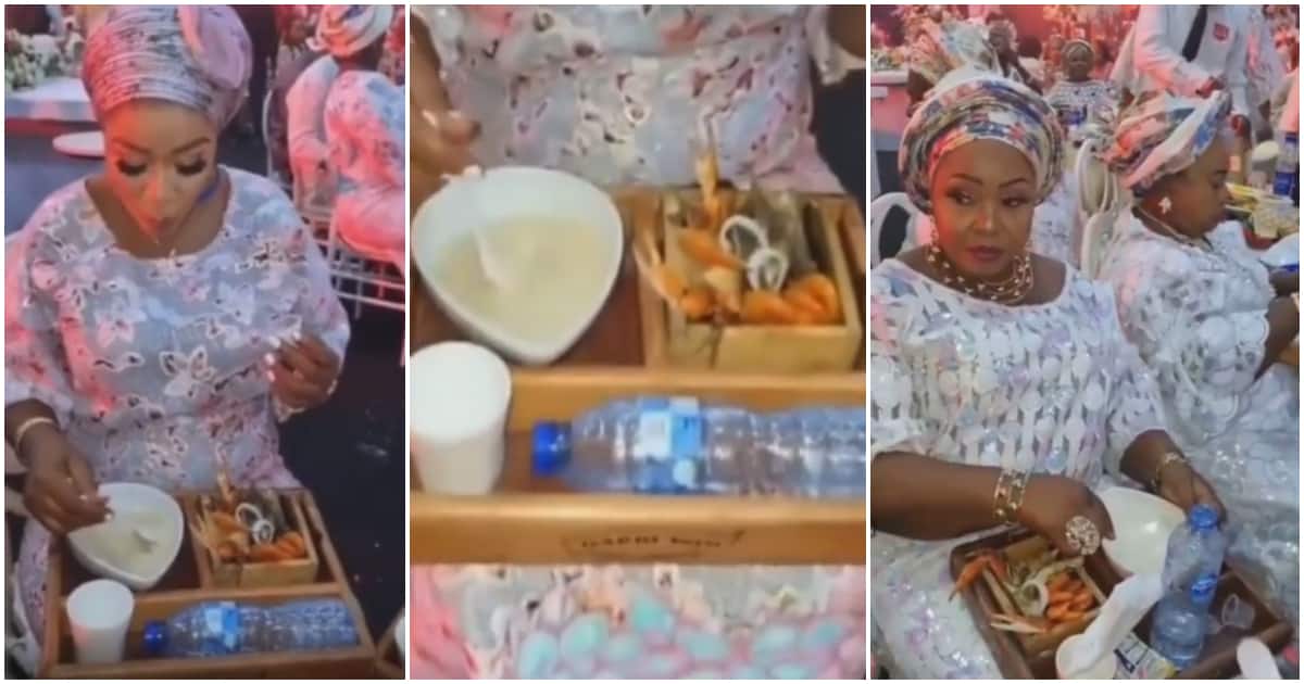 Nigerians react to viral video of guests eating chilled garri and seafood as refreshments at an event