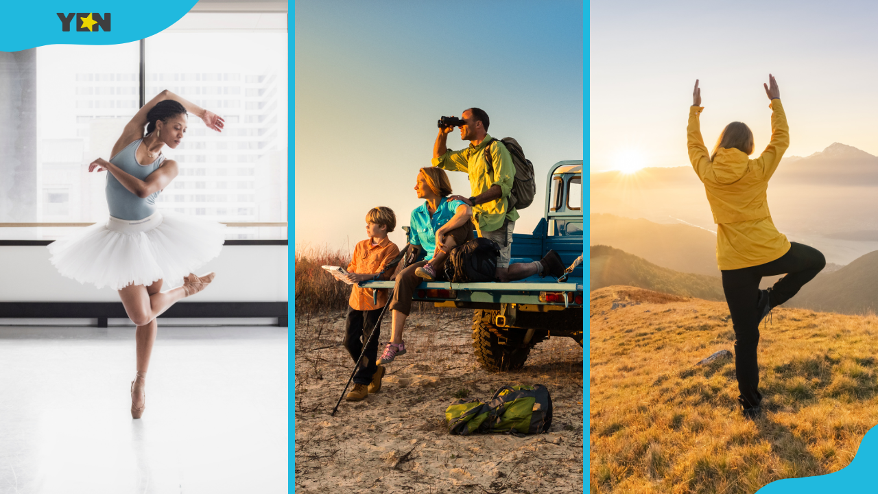 A woman is dancing (L), a family is on a safari trip (M), and a woman is on a sunrise hike (R)
