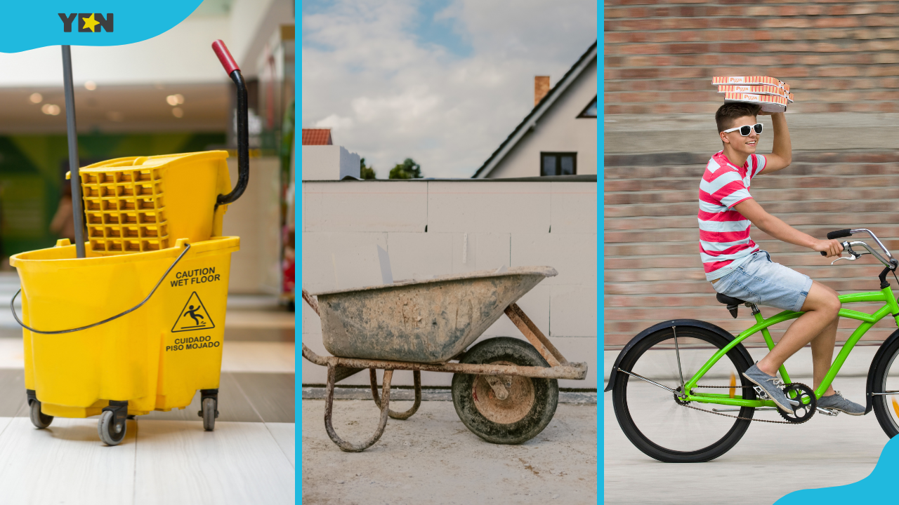 A yellow mopping cart at a shopping mall (L), a wheelbarrow on a construction site and a teenage boy riding a bicycle (R)