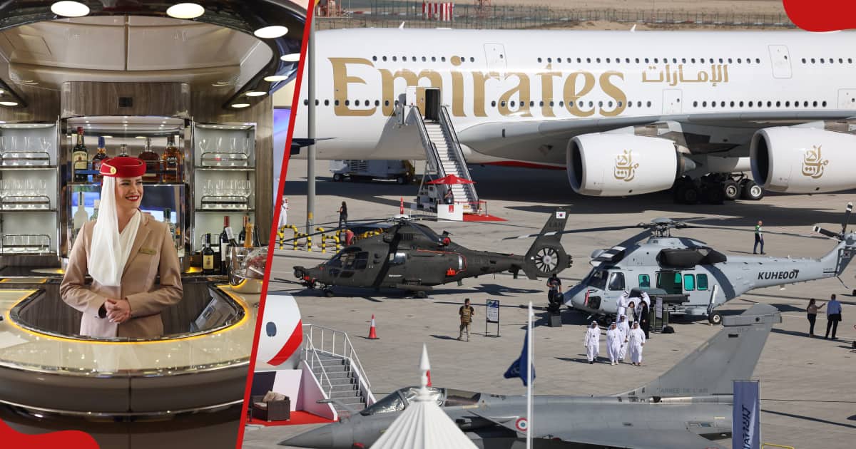 Left is Emirates staff smiling, while the right frame is Emirates aircraft and Dubai Airshow.