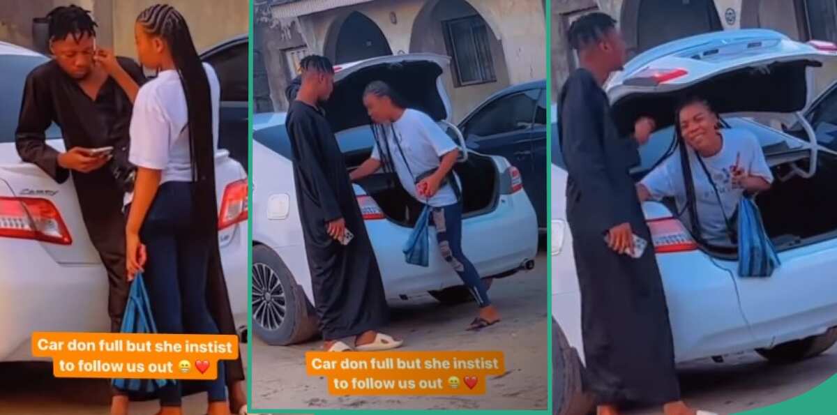 Lady enters boyfriend's car boot after his friends occupied the seats, video trends