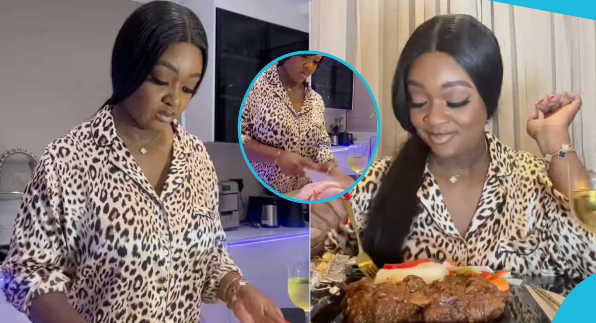 Jackie Appiah causes commotion as she rocks designer outfit to prepare chicken stew and rice: "She can cook"