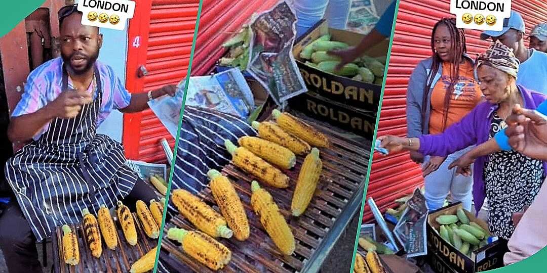 Nigerians abroad rush man selling roasted corn by roadside in UK, video goes viral
