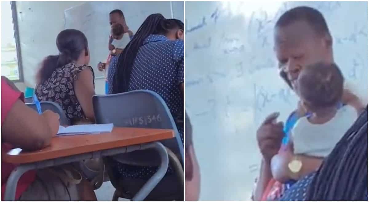 Photos of a lecture holding a baby during class.