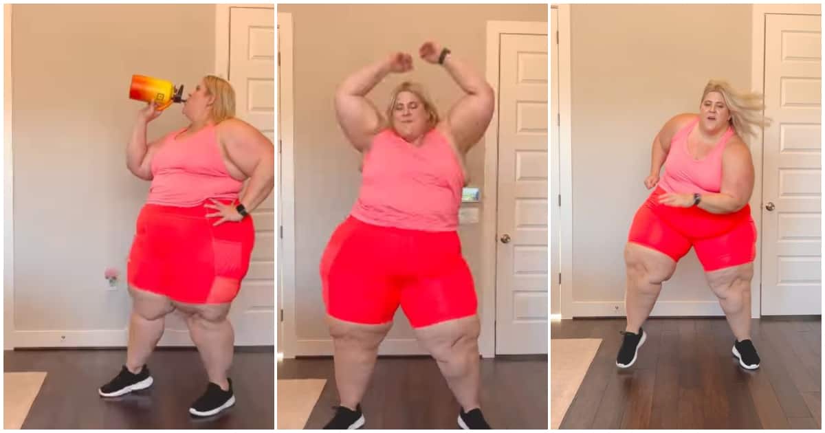 Sweet video shows plus-size Oyinbo lady in shorts dancing hard with legs apart