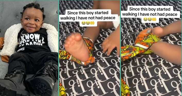 Video as mum ties baby's leg with wrapper to stop him from moving