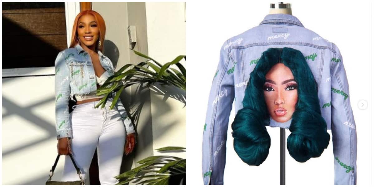 Photos of Mercy Eke and the customised jacket.