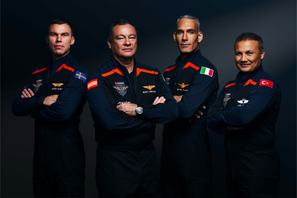 Left to right: Axiom Space's chief astronaut and former NASA astronaut Michael Lopez-Alegria,  Walter Villadei of Italy, European Space Agency project astronaut Marcus Wandt of Sweden and Turkish Astronaut Alper Gezeravci