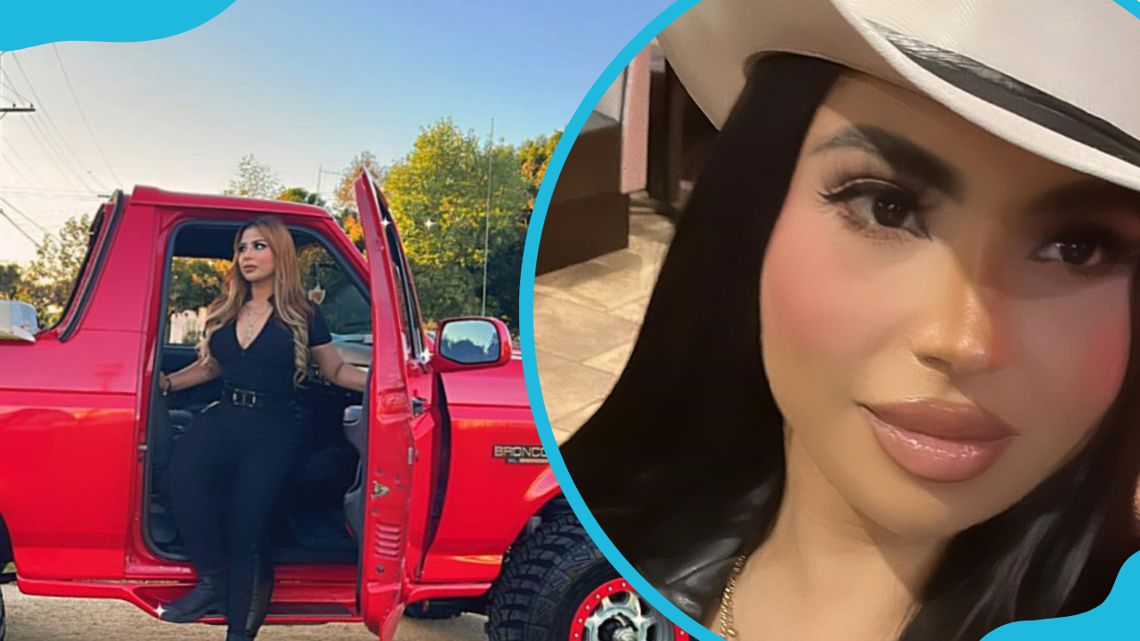 Cynthia Sanchez Vallejo in a red truck (L) and she takes a selfie in Paramount, California