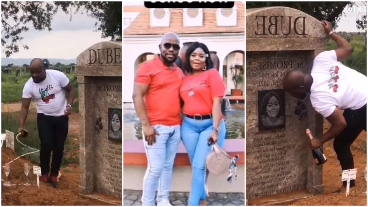Emotional moment man visits wife's grave, pops wine, poses for picture beside tombstone, many react