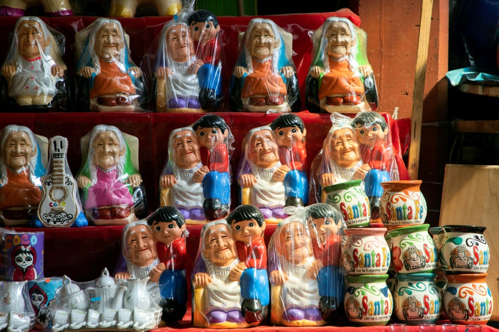 Souvenirs on sale in Santa Fe de la Laguna, the hometown of the Mexican woman thought to have inspired "Mama Coco"