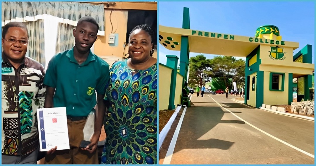 Photo of Prempeh College student and the school's entrance