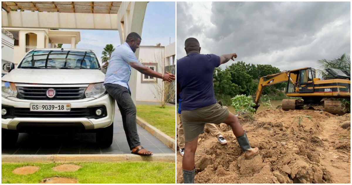 John Dumelo retires to his beautiful home (left) after a long day of dredging (right)