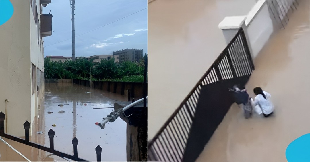 KNUST hostels flooded after heavy downpour, students walk in rainwater to sit for a midsemester exam
