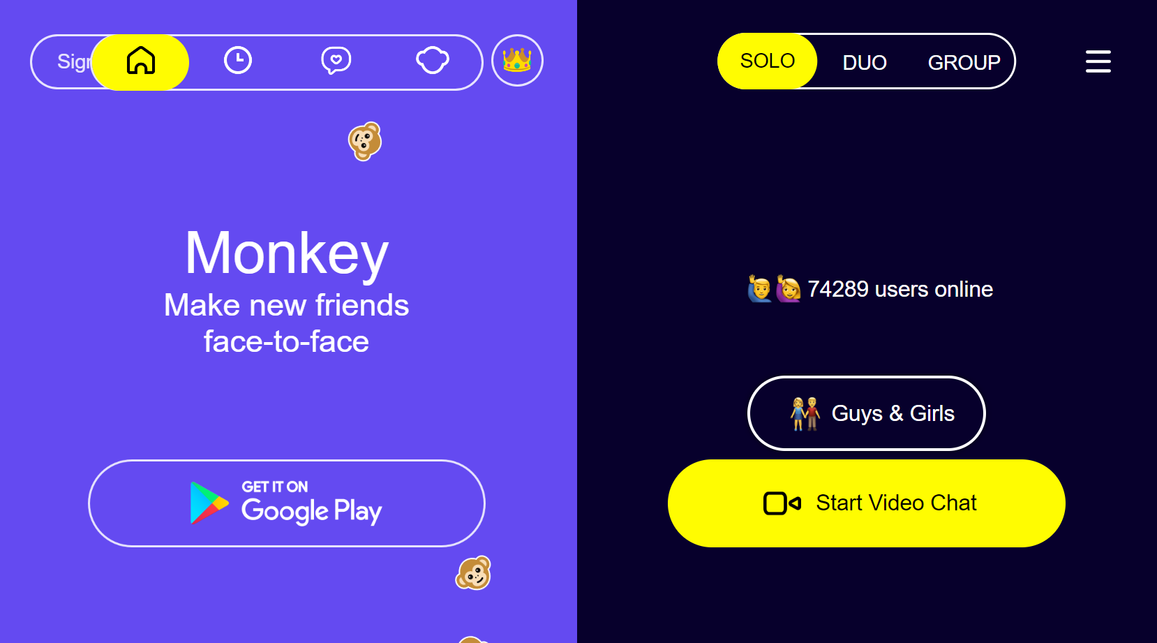 Monkey app web version homepage.