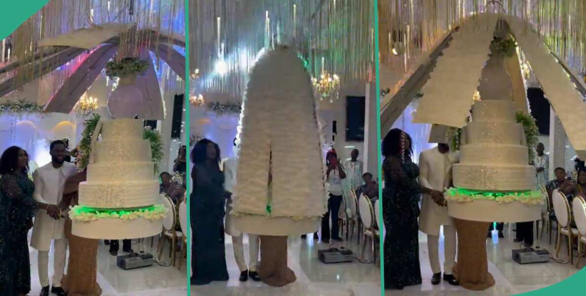 Wedding cake descends from 'heaven' at reception and stuns guests