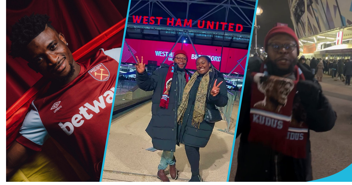 Mohammed Kudus, Kalybos and his wife at the West Ham United stadium