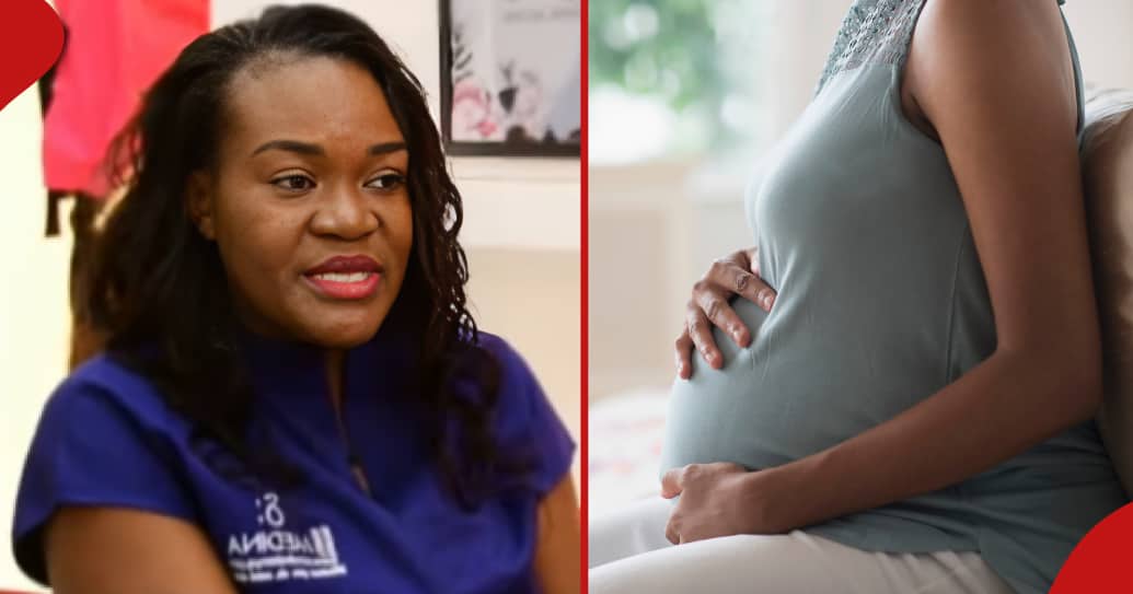 Kenyan mum and doctor Joan Medina narrating losing her unborn twins (l). Pregnant woman holding her tummy.