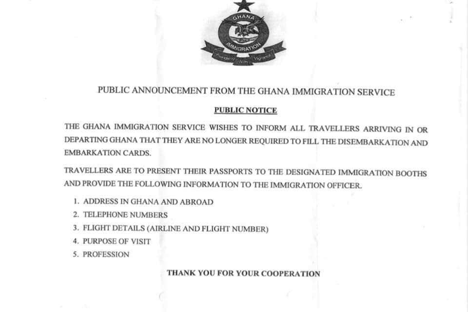 Ghana cancels the filling of embarkation and disembarkation forms