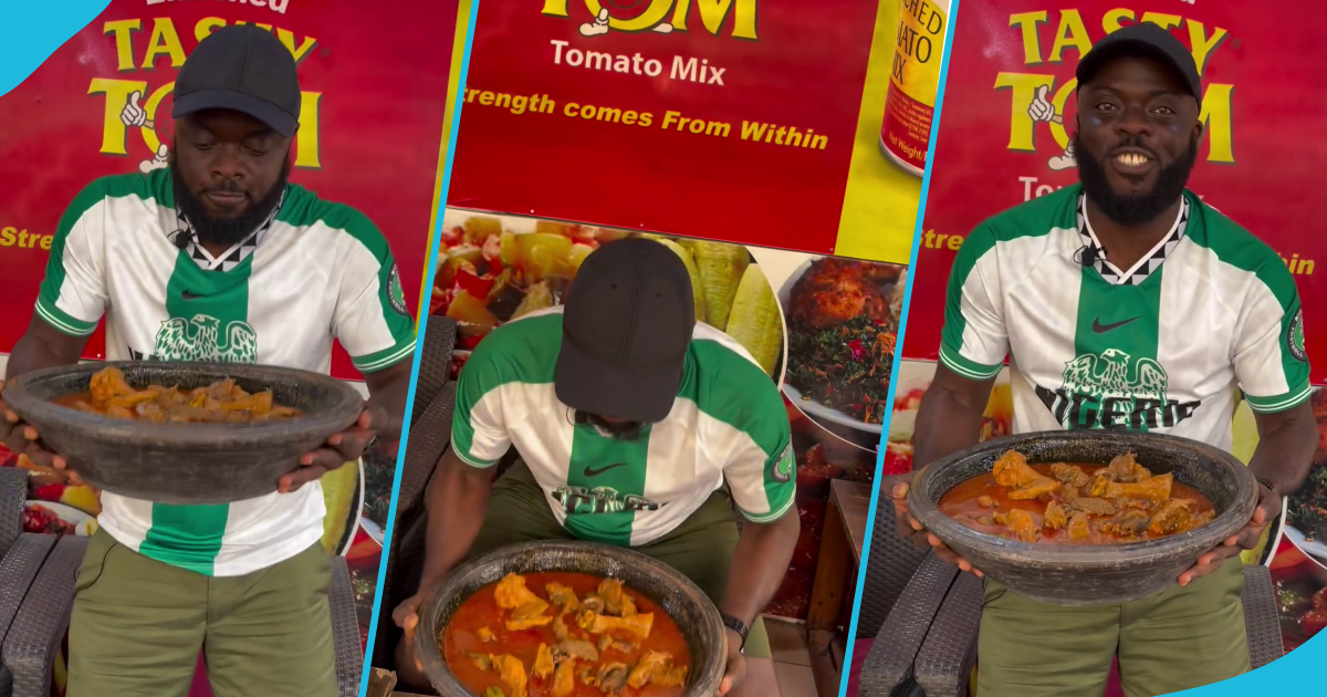 Kwadwo Sheldon does sit-ups while holding a large earthenware bowl of fufu and soup in video