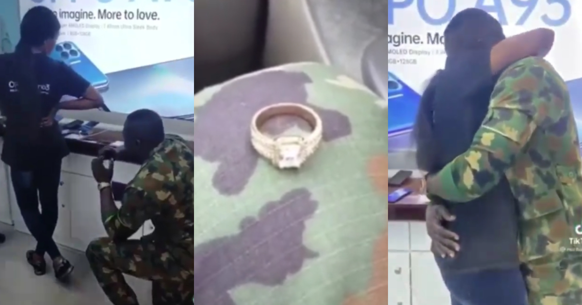 Military man storms girlfriend's workplace to propose to her with a beautiful ring in a video