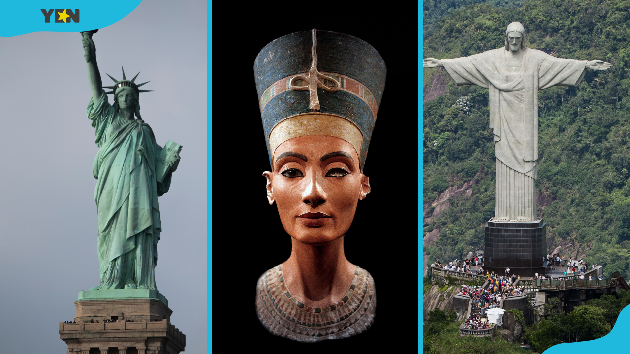 The Statue of Liberty (L), Bust of Nefertiti (C) and Christ the Redeemer statue (R)