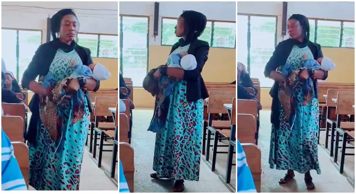 Photos of an invigilator caring for a baby inside examination hall.