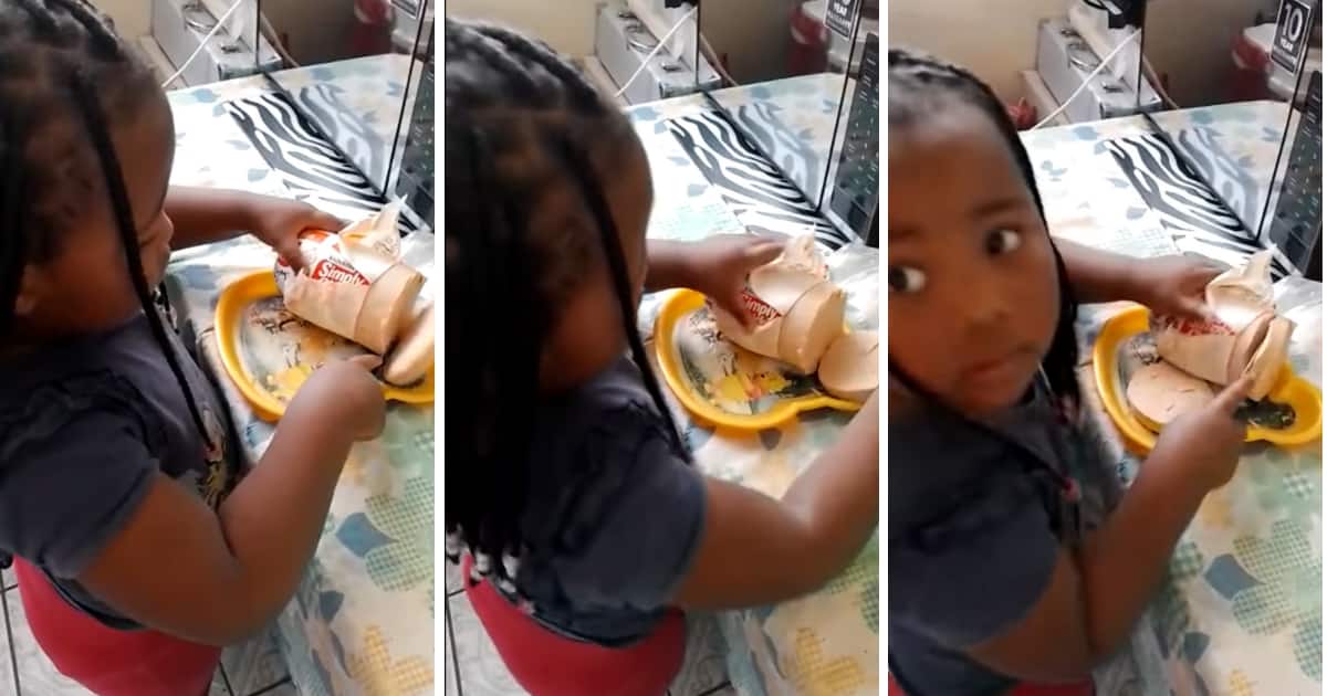 A cute little child got busted cutting thick slices of polony.