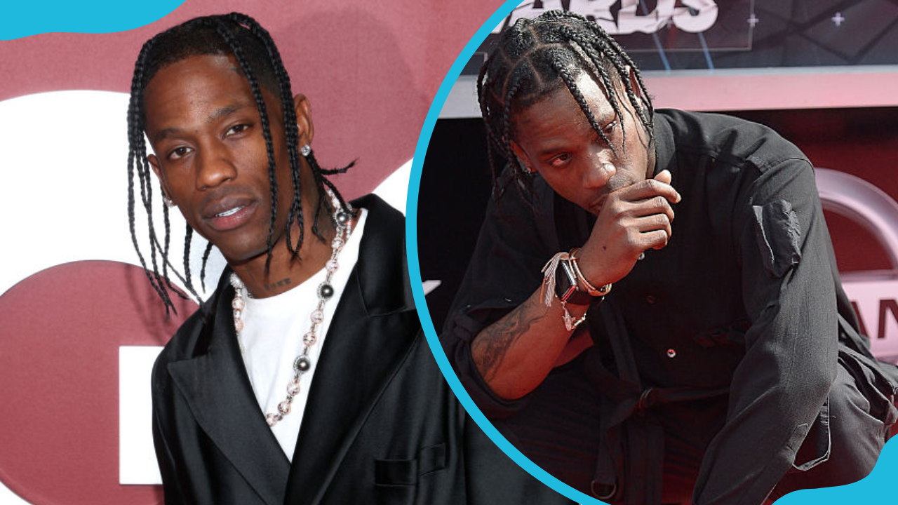 Travis Scott at the red carpet of a GQ event in 2023 and him at a BET event in 2015
