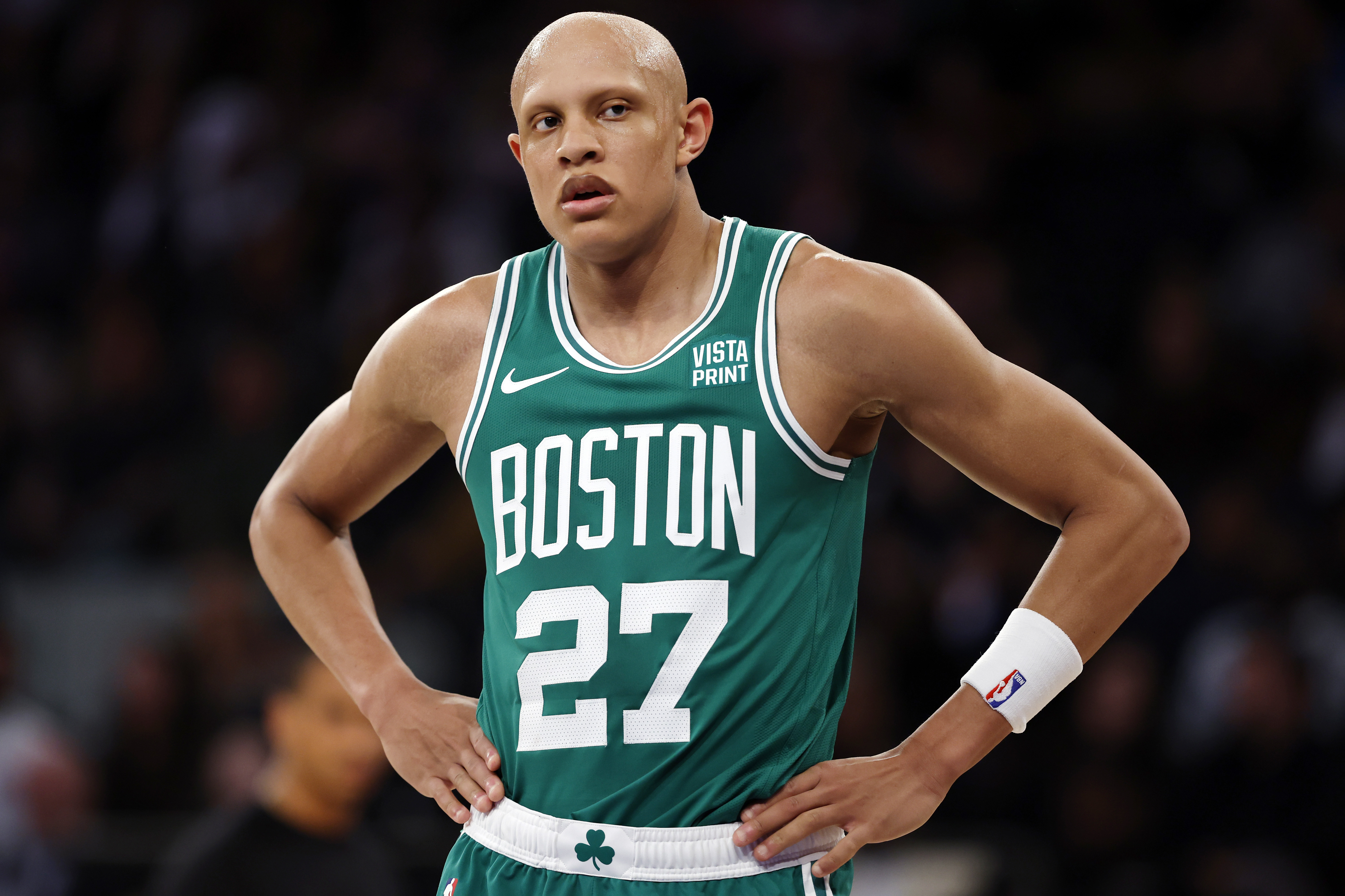 Jordan Walsh of the Boston Celtics looks on during a preseason game against the New York Knicks
