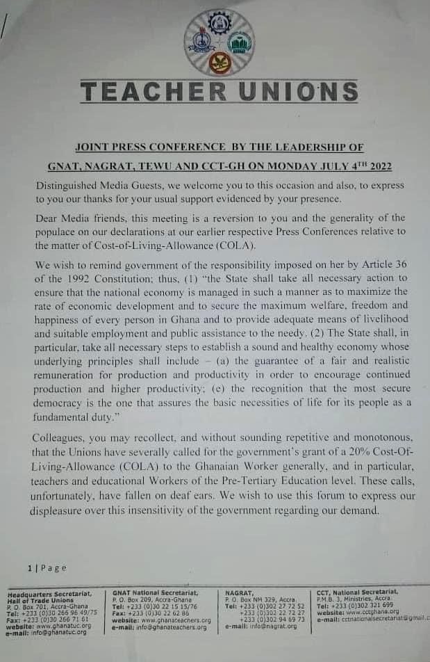 Teachers' declare nationwide strike over COLA