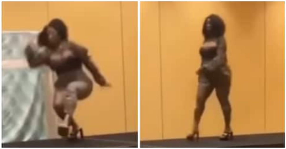 Young woman falls off stage in the presence of an audience
