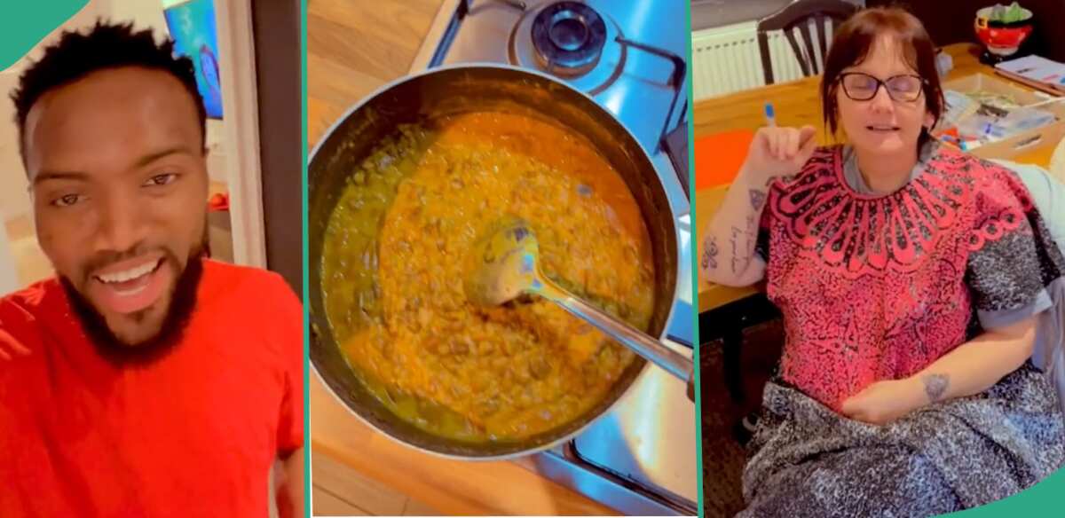White lady married to Nigerian man cooks porridge beans for him, husband reacts: "She tried"