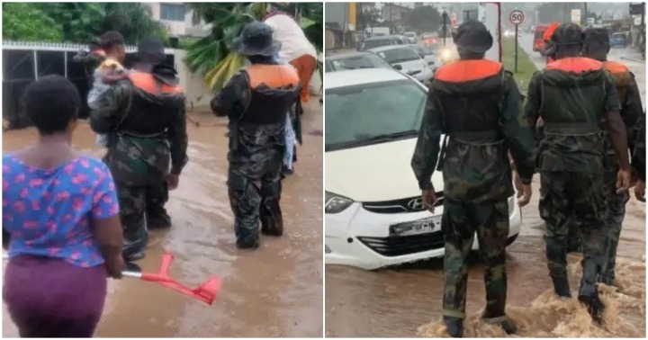 Accra floods: Brave soldiers storm areas in Accra to rescue Ghanaians; heartwarming photos emerge