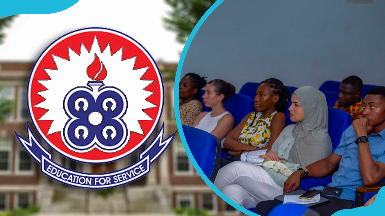 The UEW logo and students of the institution attending a conference